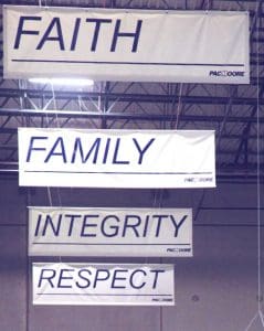 PacMoore values Faith Family Integrity Respect and Excellence
