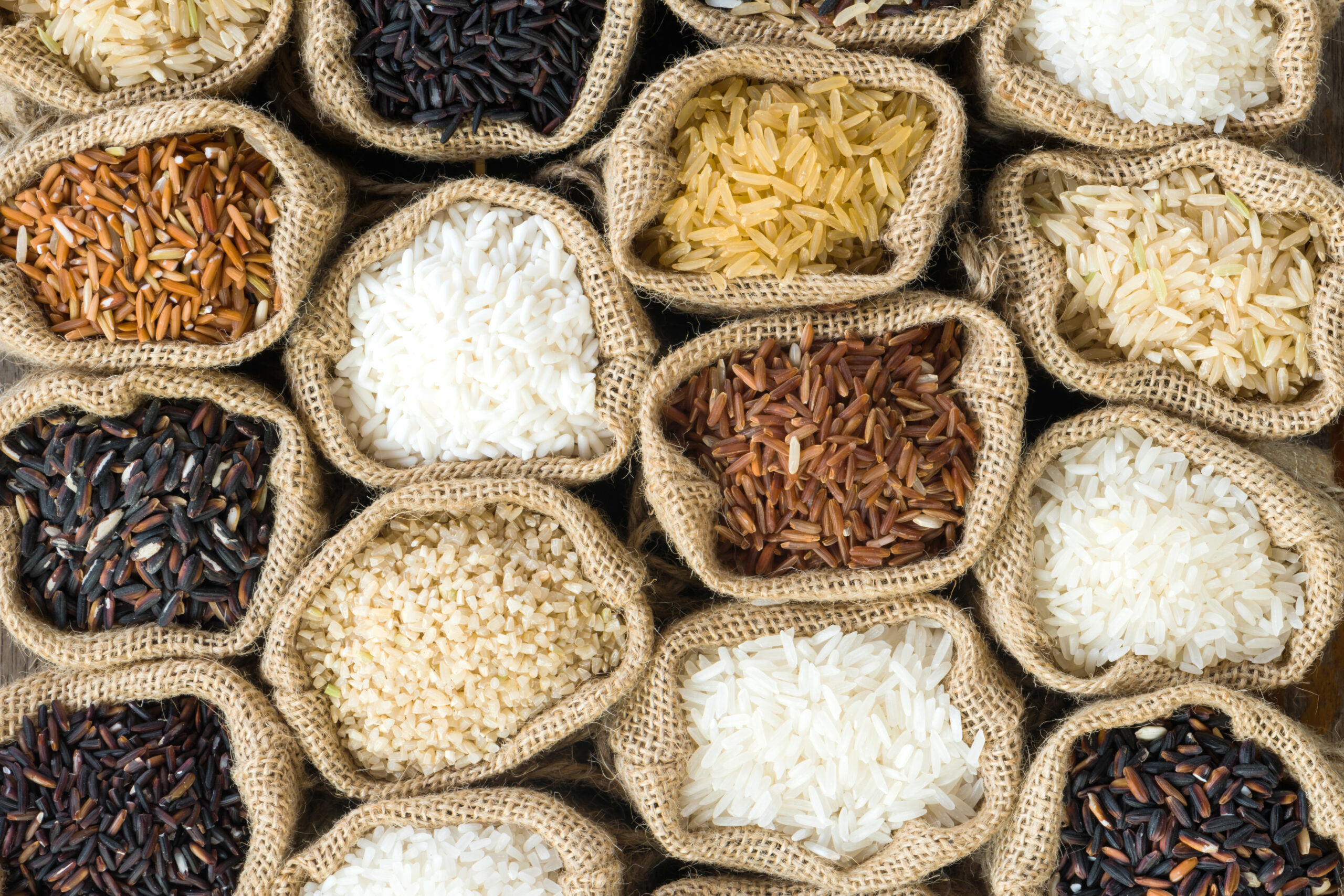 Taiga Rice Top view Thai's rice collection in burlap bag | PacMoore